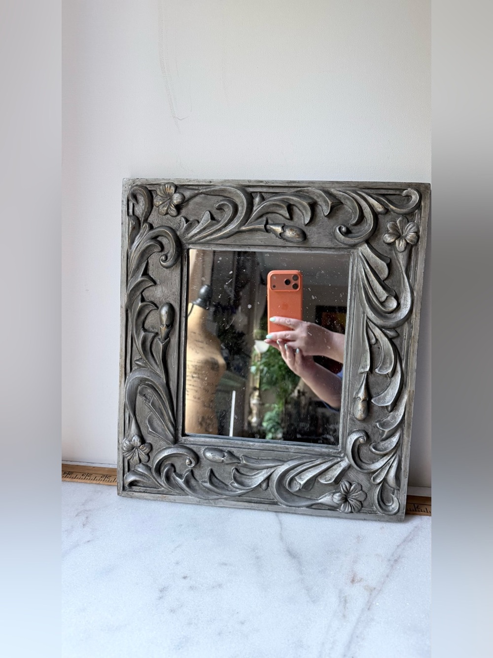 Decorative Floral Carved Square Wall Mirror - silver Gray - Picture 3 of 10